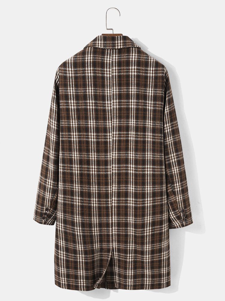 Hommes Plaid Laine Simple Boutonnage Col Plat Long Trench Poches Causal Manteaux