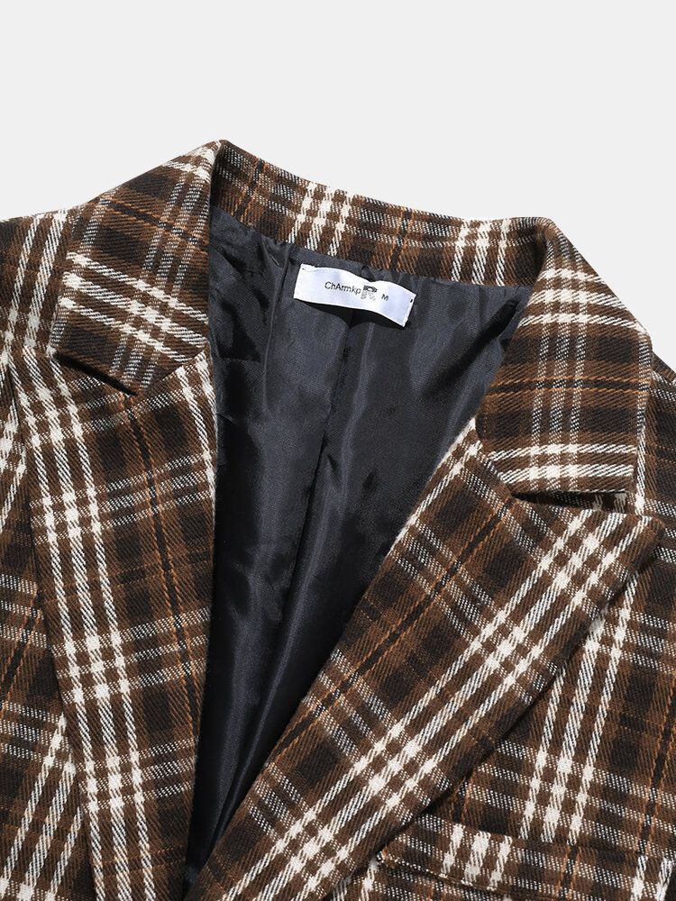 Hommes Plaid Laine Simple Boutonnage Col Plat Long Trench Poches Causal Manteaux