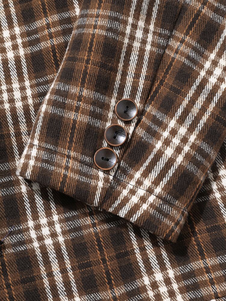 Hommes Plaid Laine Simple Boutonnage Col Plat Long Trench Poches Causal Manteaux