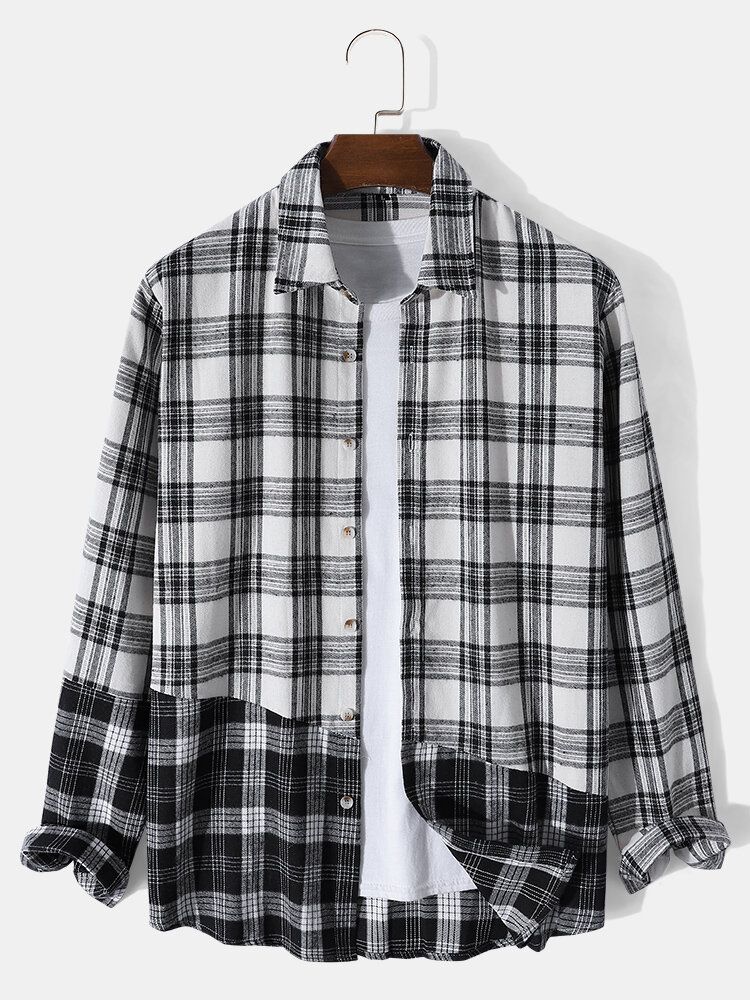 Hommes Plaid Patchwork Contraste Bouton Revers Chemises Décontractées