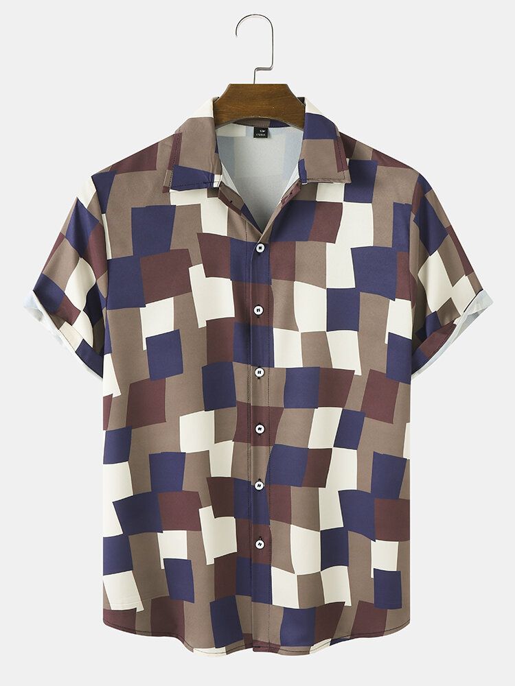 Hommes Plaid Patchwork Contraste Couleur Bloc Revers Col Boutons Chemises