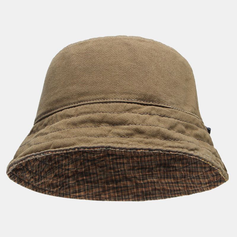 Hommes Plaid Pattern Double-side-wear Seau En Coton Lavé Chapeau Wild Casual Sun Hat