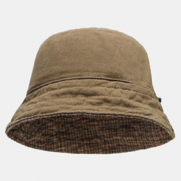 Hommes Plaid Pattern Double-side-wear Seau En Coton Lavé Chapeau Wild Casual Sun Hat