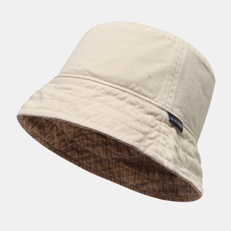 Hommes Plaid Pattern Double-side-wear Seau En Coton Lavé Chapeau Wild Casual Sun Hat