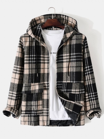 Hommes Plaid Zipper Double Poches Bouton Cordon Décontracté Manches Longues À Capuche Vestes