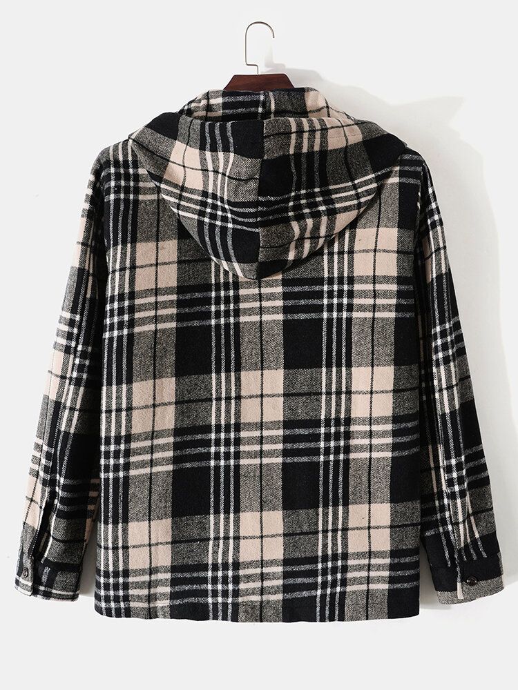 Hommes Plaid Zipper Double Poches Bouton Cordon Décontracté Manches Longues À Capuche Vestes