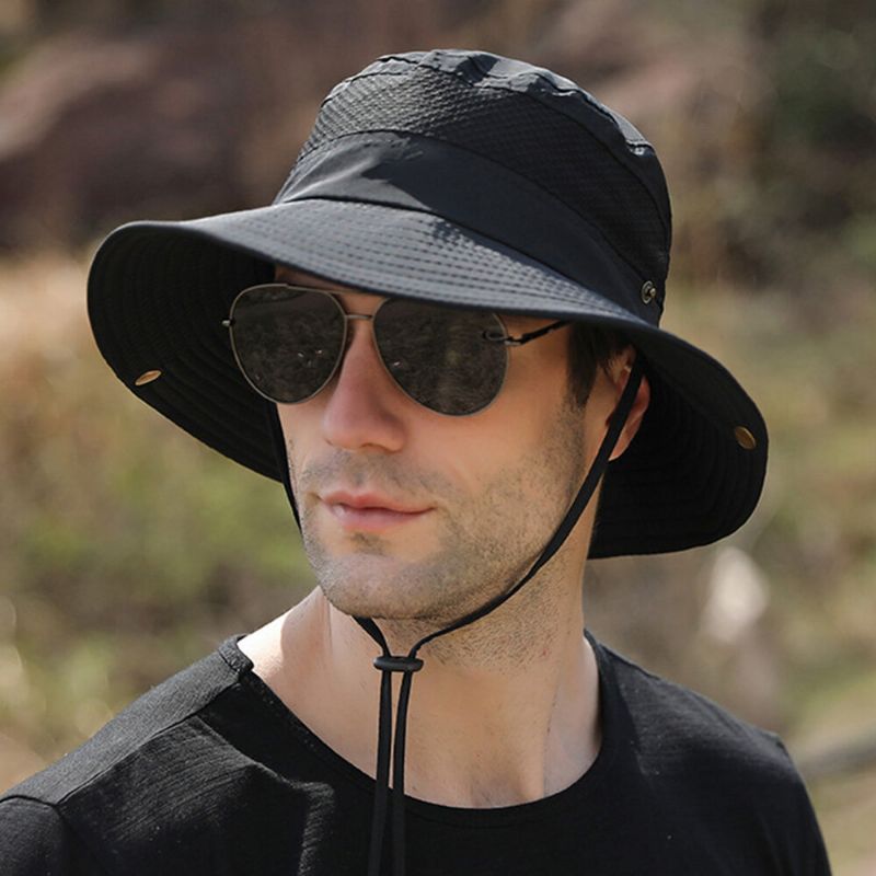 Hommes Pliable Maille Respirant Parasol Chapeau Coupe-vent Corde Réglable Pêche En Plein Air Anti-uv Seau Chapeau