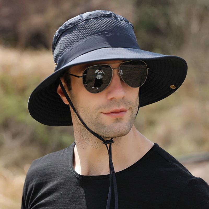 Hommes Pliable Maille Respirant Parasol Chapeau Coupe-vent Corde Réglable Pêche En Plein Air Anti-uv Seau Chapeau