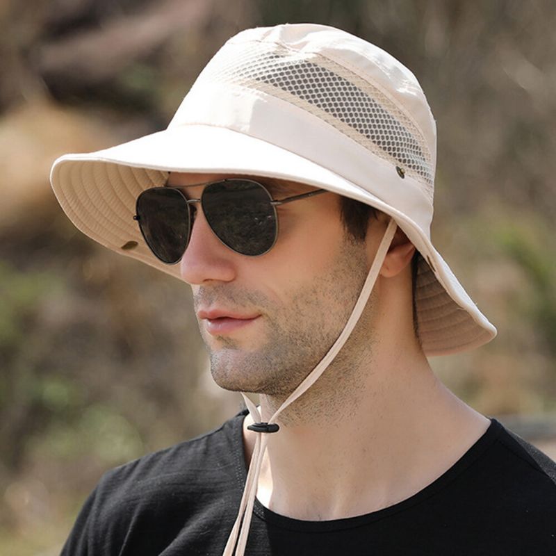 Hommes Pliable Maille Respirant Parasol Chapeau Coupe-vent Corde Réglable Pêche En Plein Air Anti-uv Seau Chapeau