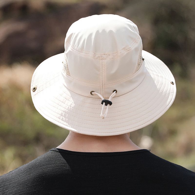 Hommes Pliable Maille Respirant Parasol Chapeau Coupe-vent Corde Réglable Pêche En Plein Air Anti-uv Seau Chapeau