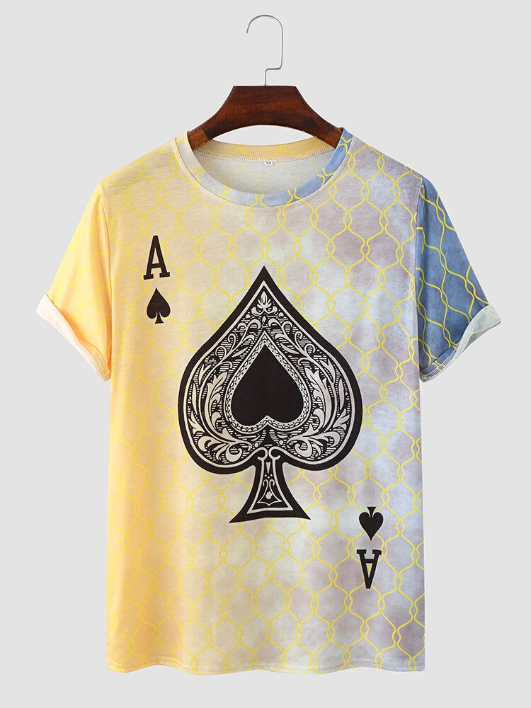 Hommes Poker Spade Ombre Imprimer Ourlet Cuff Crew Neck T-shirt Casual