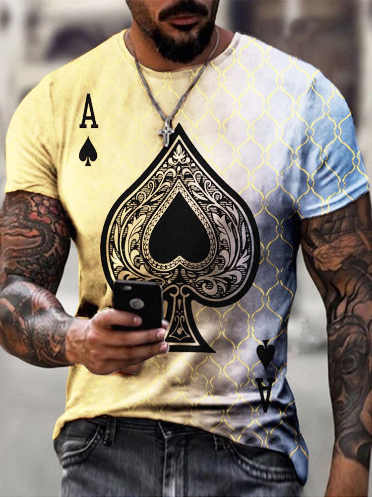 Hommes Poker Spade Ombre Imprimer Ourlet Cuff Crew Neck T-shirt Casual