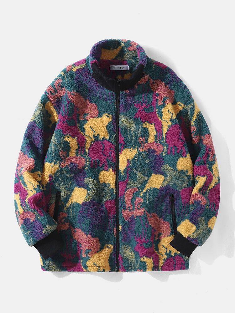 Hommes Polaire Tie Dye Stand Col Poches Zip Cardigans Veste Manteau