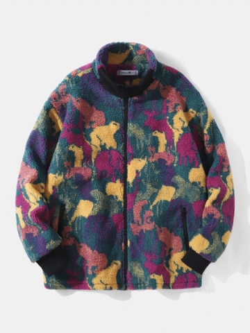 Hommes Polaire Tie Dye Stand Col Poches Zip Cardigans Veste Manteau