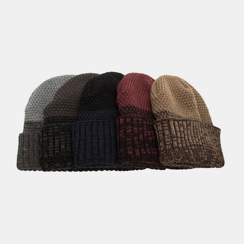 Hommes Polyester Coton Automne Hiver Plus Velours Chaleur Double Usage Bicolore Tricoté Chapeau Bonnet Chapeau