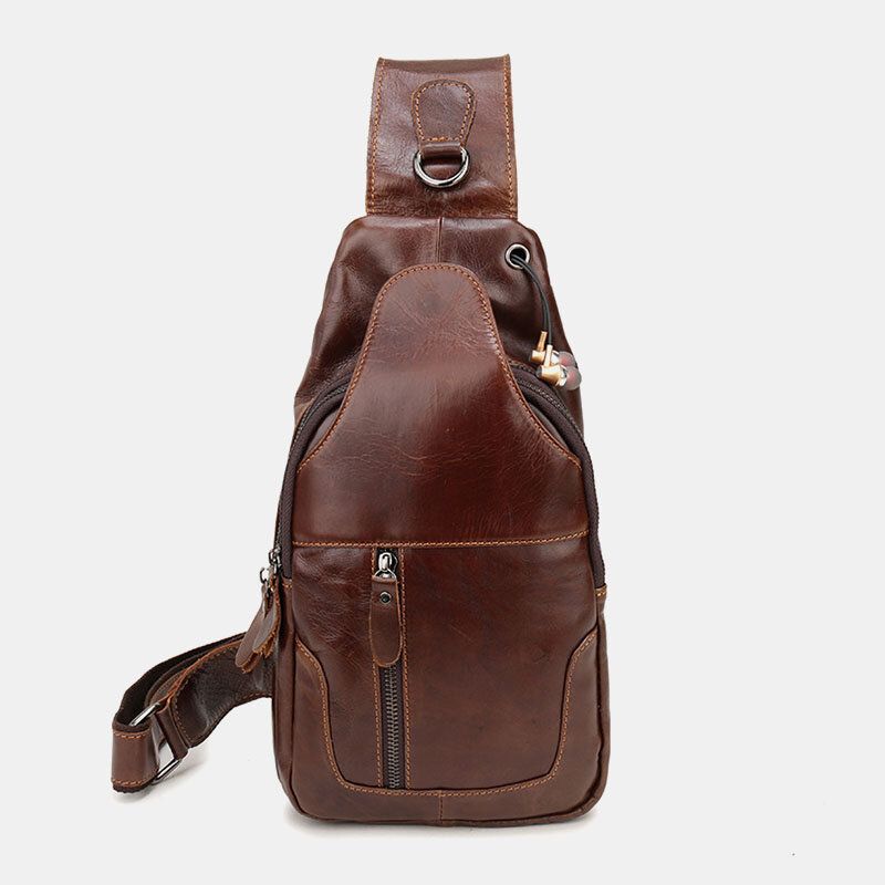 Hommes Première Couche Peau De Vache Rétro Multi-poches Casque Trou Conception Poitrine Sac Sac À Bandoulière