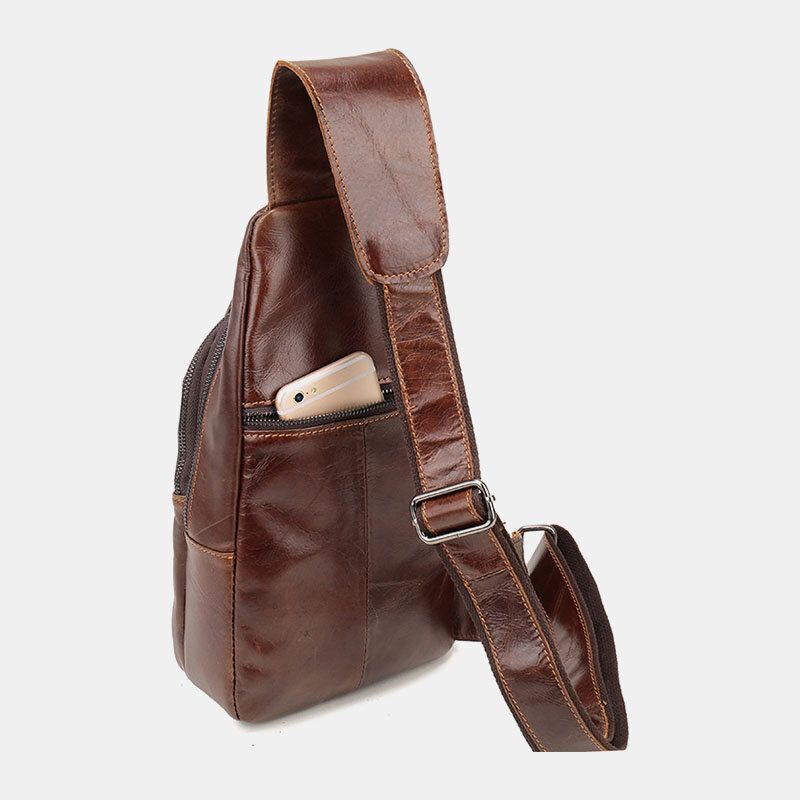 Hommes Première Couche Peau De Vache Rétro Multi-poches Casque Trou Conception Poitrine Sac Sac À Bandoulière