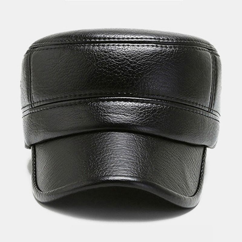 Hommes Pu Couleur Unie Patchwork Respirant Casquette Plate Intégrée Protection Des Oreilles Chaleur Cadet Armée Casquettes Casquettes Militaires