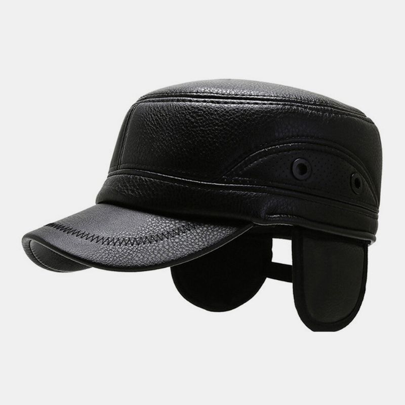 Hommes Pu Cuir Couleur Unie Chaud Chapeau Haut Plat D'âge Moyen Et Personnes Âgées Protection Des Oreilles En Plein Air Cool Protection Cadet Armée Casquettes Casquettes Militaires