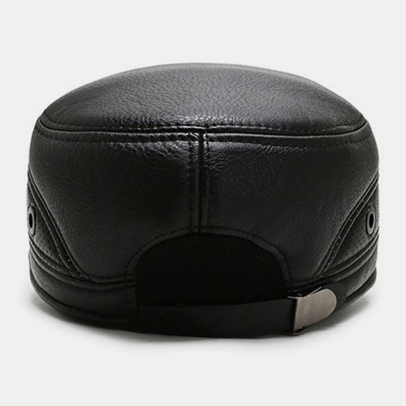 Hommes Pu Cuir Couleur Unie Chaud Chapeau Haut Plat D'âge Moyen Et Personnes Âgées Protection Des Oreilles En Plein Air Cool Protection Cadet Armée Casquettes Casquettes Militaires