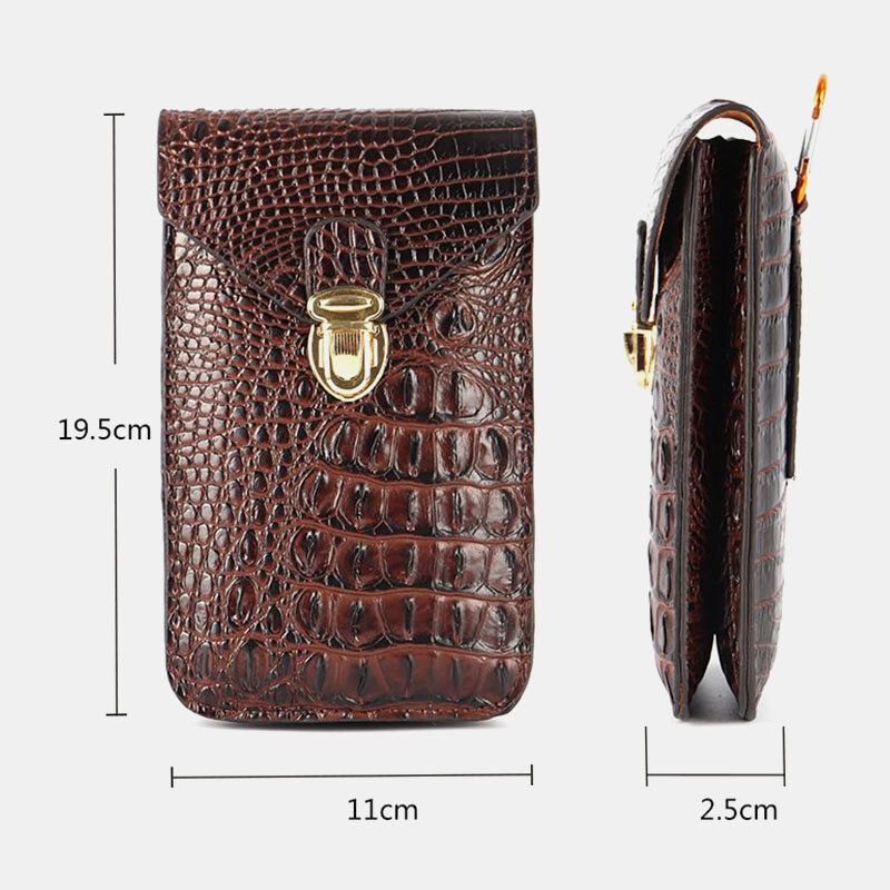 Hommes Pu Cuir Crocodile Motif Multifonctionnel Casual Double Couche 6.5 Pouces Téléphone Sac Taille Sac Avec Crochet