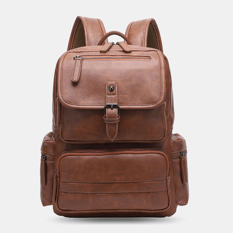 Hommes Pu Cuir Grande Capacité Multi-poches Vintage 14 Pouces Ordinateur Portable Sac À Dos