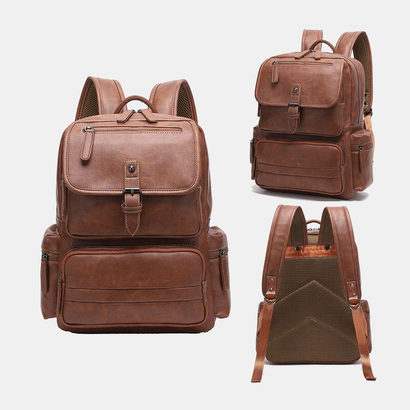 Hommes Pu Cuir Grande Capacité Multi-poches Vintage 14 Pouces Ordinateur Portable Sac À Dos