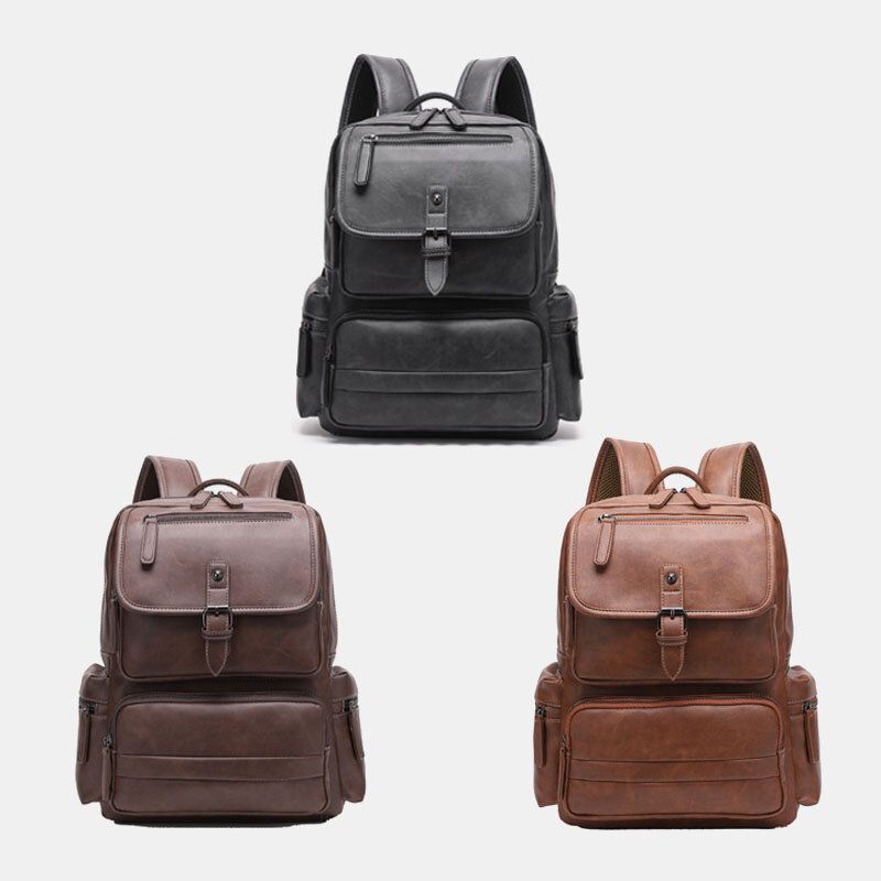 Hommes Pu Cuir Grande Capacité Multi-poches Vintage 14 Pouces Ordinateur Portable Sac À Dos