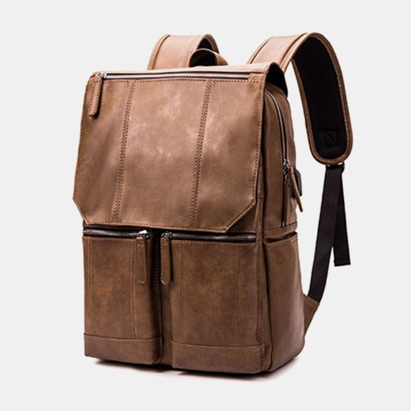 Hommes Pu Cuir Grande Capacité Sac À Dos Étanche Vintage 15.6 Pouces Sac Pour Ordinateur Portable Sac De Voyage