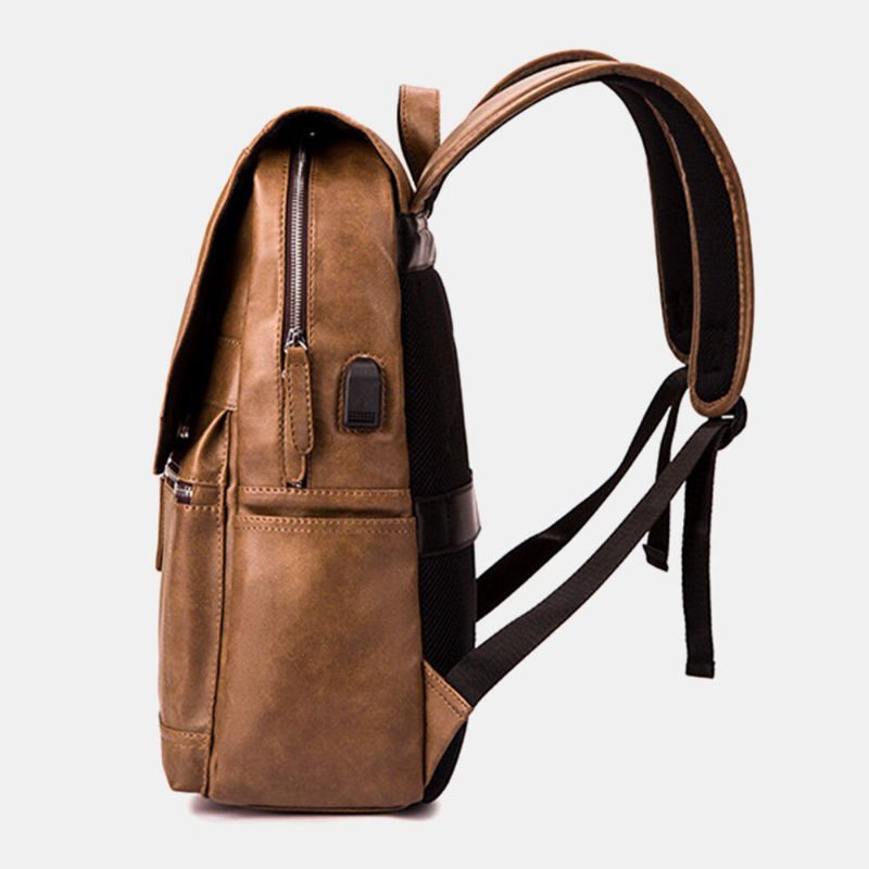 Hommes Pu Cuir Grande Capacité Sac À Dos Étanche Vintage 15.6 Pouces Sac Pour Ordinateur Portable Sac De Voyage