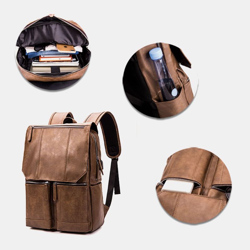 Hommes Pu Cuir Grande Capacité Sac À Dos Étanche Vintage 15.6 Pouces Sac Pour Ordinateur Portable Sac De Voyage