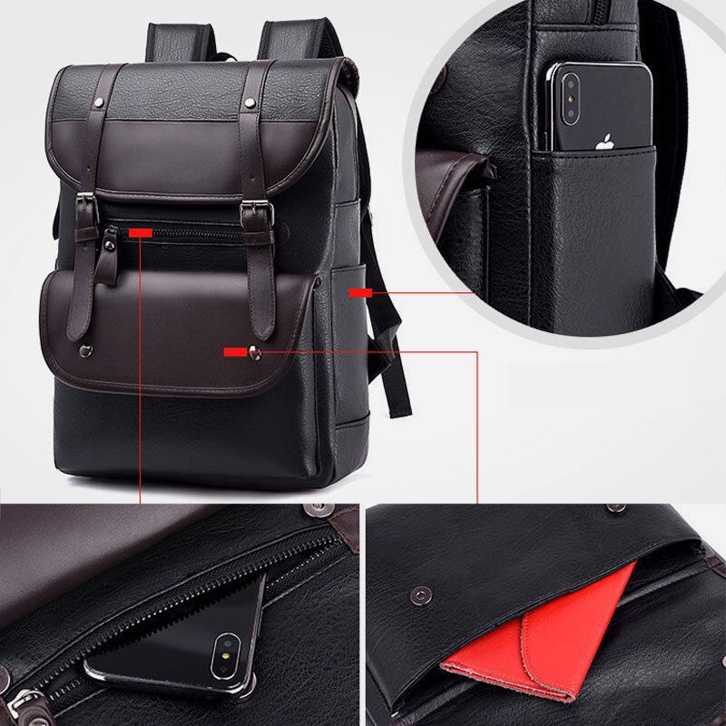 Hommes Pu Cuir Moraillon Grande Capacité Sac À Dos Multi-poches Étanche 15.6 Pouces Pochette D'ordinateur Mode Sauvage Sac De Voyage