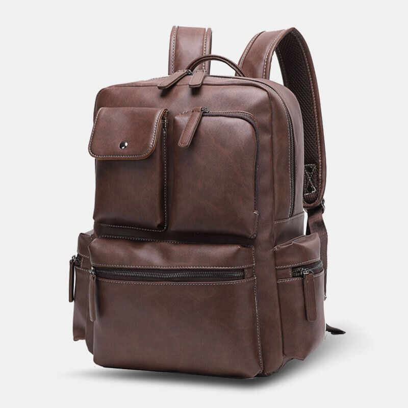 Hommes Pu Cuir Multi-poches Respirant Sac À Dos Rétro Grande Capacité 14 Pouces Sac Pour Ordinateur Portable