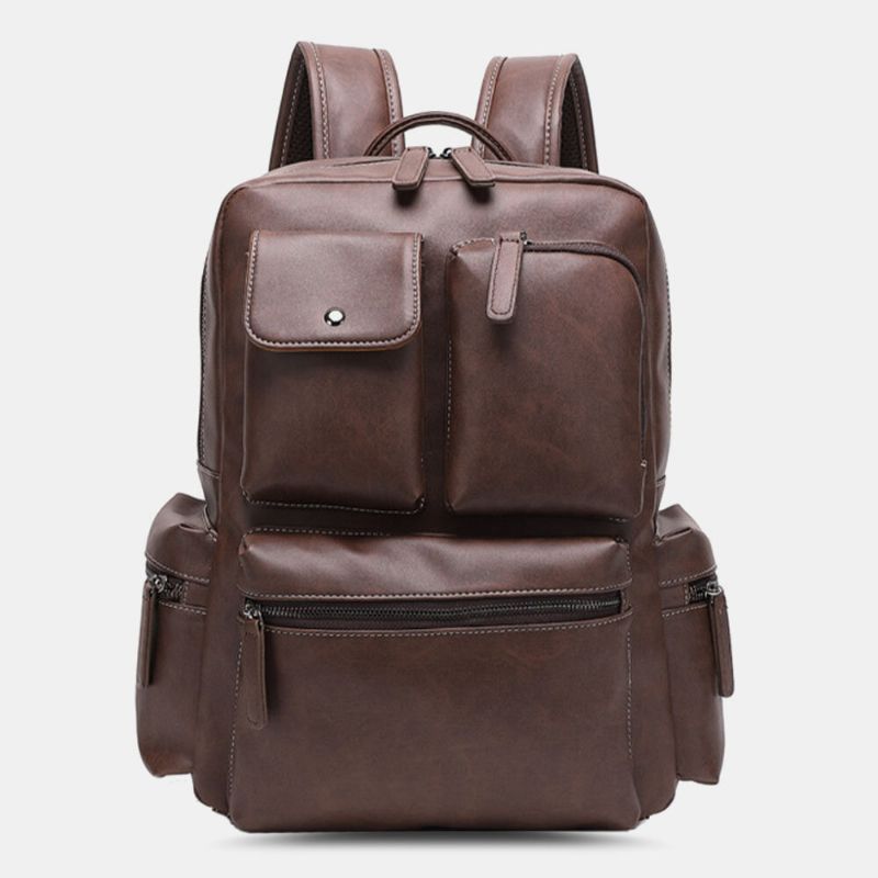 Hommes Pu Cuir Multi-poches Respirant Sac À Dos Rétro Grande Capacité 14 Pouces Sac Pour Ordinateur Portable