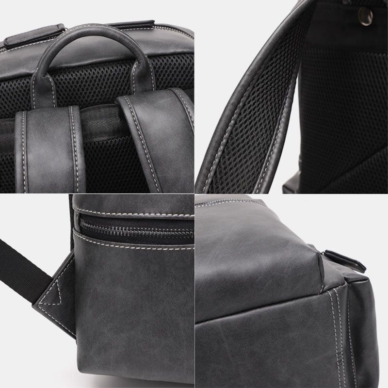 Hommes Pu Cuir Multi-poches Respirant Sac À Dos Rétro Grande Capacité 14 Pouces Sac Pour Ordinateur Portable