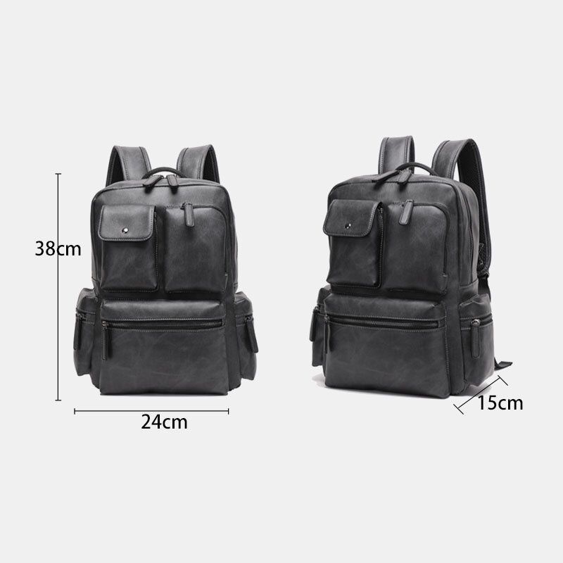 Hommes Pu Cuir Multi-poches Respirant Sac À Dos Rétro Grande Capacité 14 Pouces Sac Pour Ordinateur Portable