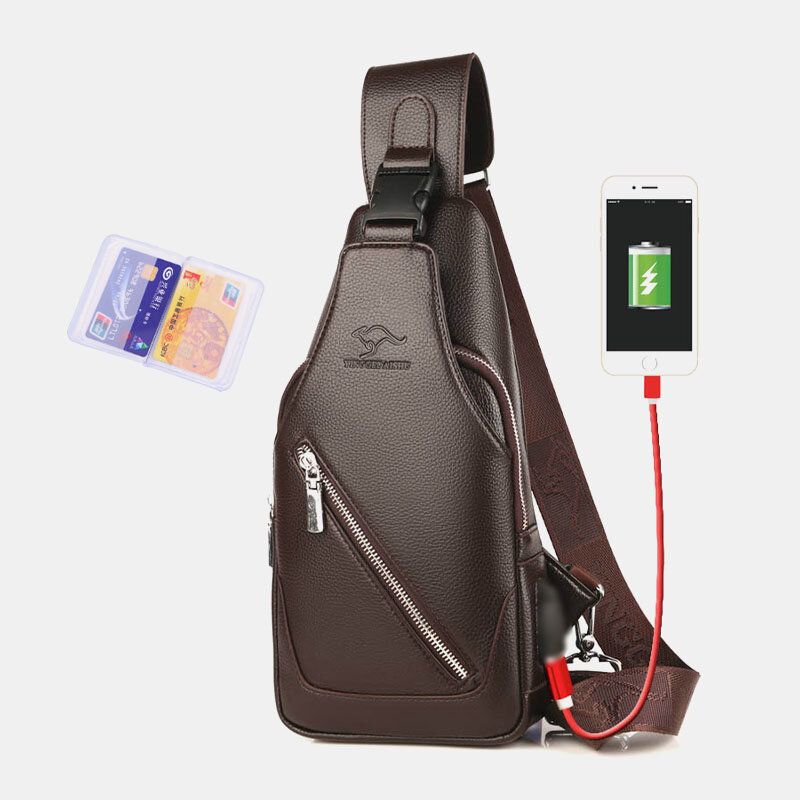 Hommes Pu Cuir Usb Charge Étanche Écouteur Trou Affaires Sac À Bandoulière Sac De Poitrine Sac À Bandoulière