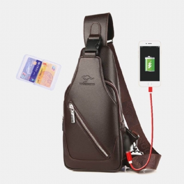 Hommes Pu Cuir Usb Charge Étanche Écouteur Trou Affaires Sac À Bandoulière Sac De Poitrine Sac À Bandoulière