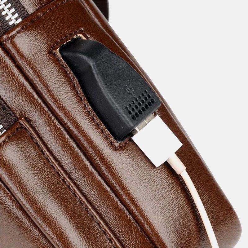 Hommes Pu Cuir Usb Charge Étanche Écouteur Trou Affaires Sac À Bandoulière Sac De Poitrine Sac À Bandoulière