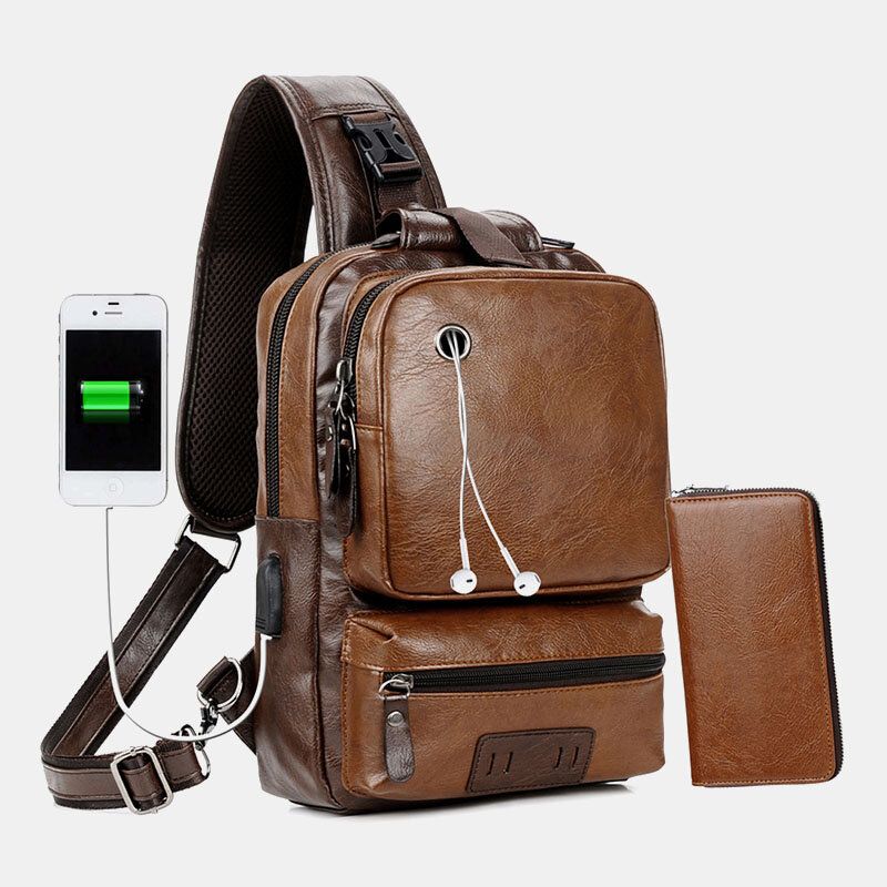 Hommes Pu Cuir Vintage Multifonction Écouteur Trou Usb Charge Sac À Bandoulière Sac De Poitrine Sac À Bandoulière