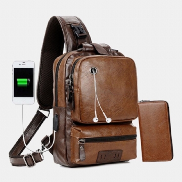 Hommes Pu Cuir Vintage Multifonction Écouteur Trou Usb Charge Sac À Bandoulière Sac De Poitrine Sac À Bandoulière