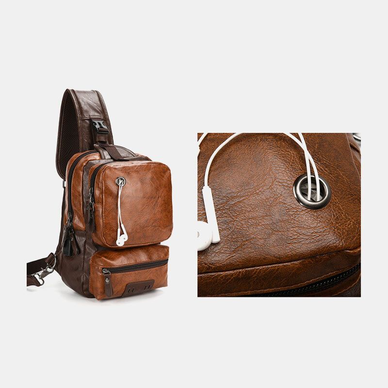 Hommes Pu Cuir Vintage Multifonction Écouteur Trou Usb Charge Sac À Bandoulière Sac De Poitrine Sac À Bandoulière