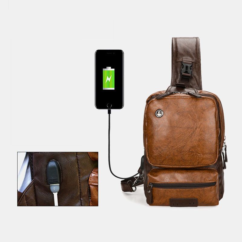 Hommes Pu Cuir Vintage Multifonction Écouteur Trou Usb Charge Sac À Bandoulière Sac De Poitrine Sac À Bandoulière