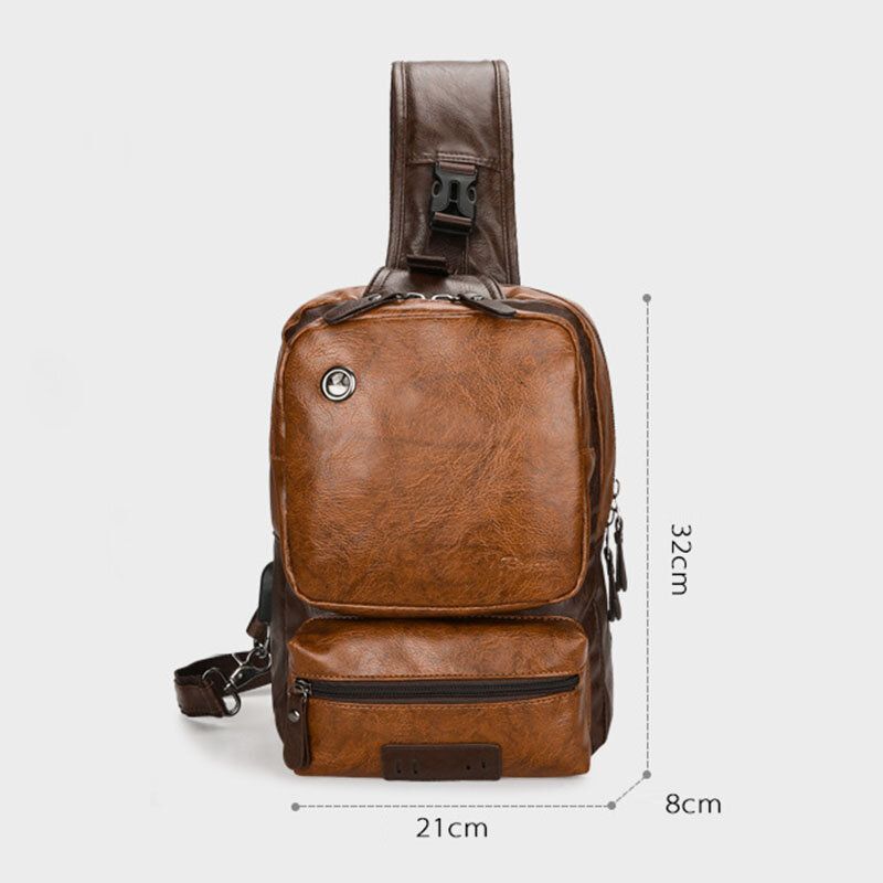 Hommes Pu Cuir Vintage Multifonction Écouteur Trou Usb Charge Sac À Bandoulière Sac De Poitrine Sac À Bandoulière