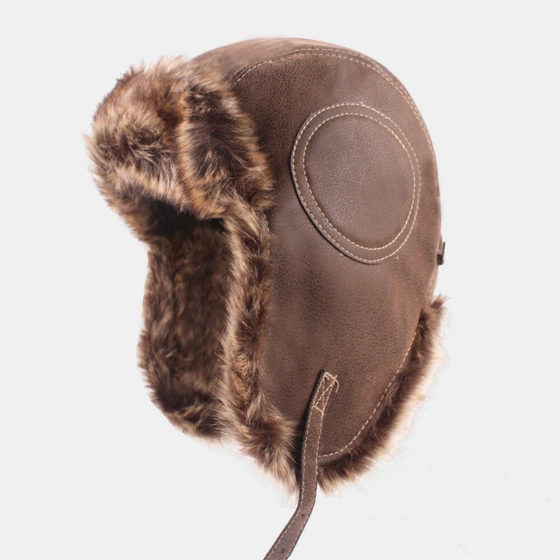 Hommes Pu Épaissir Peluche Doublure Trappeur Chapeau Extérieur Protection Des Oreilles Coupe-vent Chaleur Ushanka Chapeau