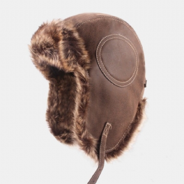 Hommes Pu Épaissir Peluche Doublure Trappeur Chapeau Extérieur Protection Des Oreilles Coupe-vent Chaleur Ushanka Chapeau