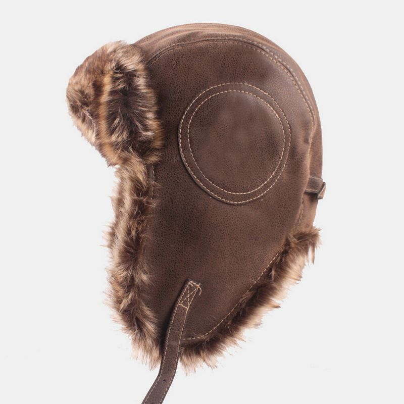 Hommes Pu Épaissir Peluche Doublure Trappeur Chapeau Extérieur Protection Des Oreilles Coupe-vent Chaleur Ushanka Chapeau