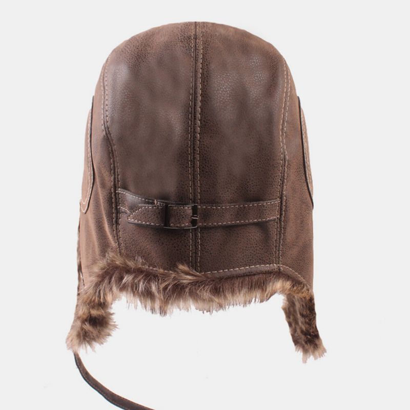 Hommes Pu Épaissir Peluche Doublure Trappeur Chapeau Extérieur Protection Des Oreilles Coupe-vent Chaleur Ushanka Chapeau