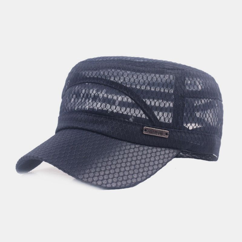 Hommes Réglable Mesh Respirant Couleur Unie Casquette Militaire Casquette Plate Avec Lettre En Métal Étiquette