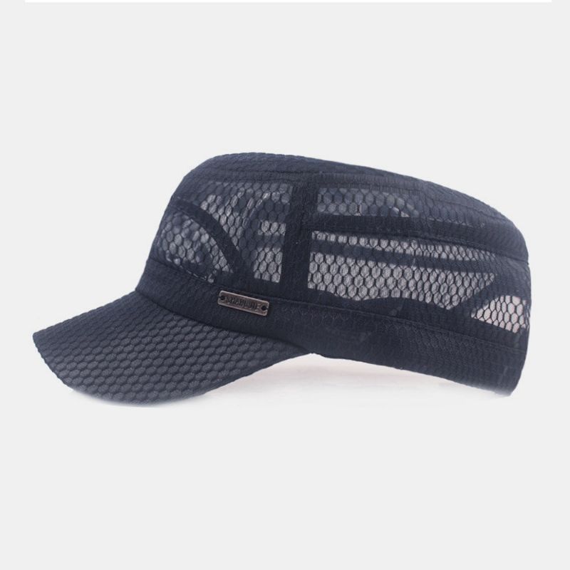 Hommes Réglable Mesh Respirant Couleur Unie Casquette Militaire Casquette Plate Avec Lettre En Métal Étiquette